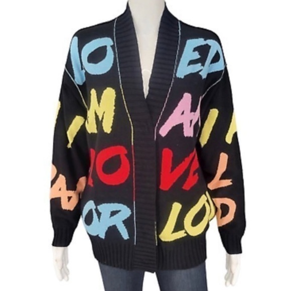 Peace Love World Womens Jacquard Sweater Cardigan Black Snap Front - Picture 6 of 14